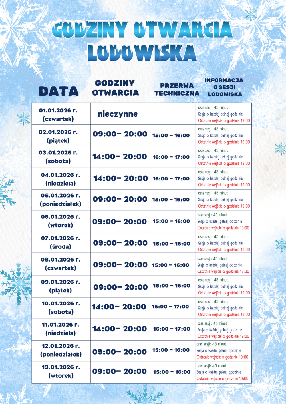 Lodowisko w Olsztynku - godziny otwarcia